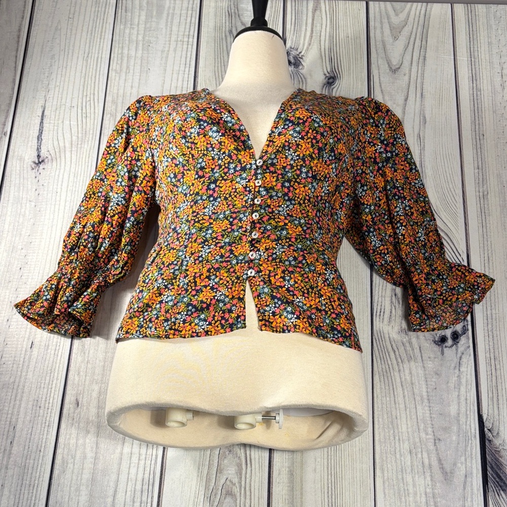 Free People Black Floral Button-Front Blouse with Orange & Pink Flowers - Picture 5 of 13